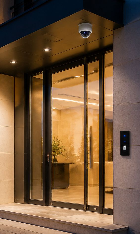 Entrée d'immeuble sécurisée à la tombée de la nuit