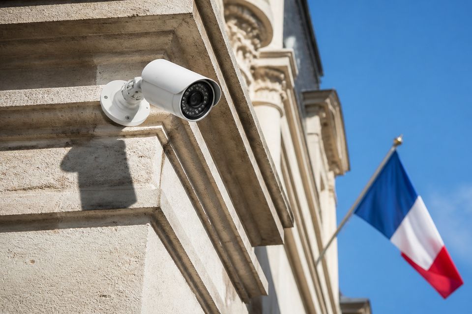 Caméra fixée sur la façade d'un bâtiment public pavoisé