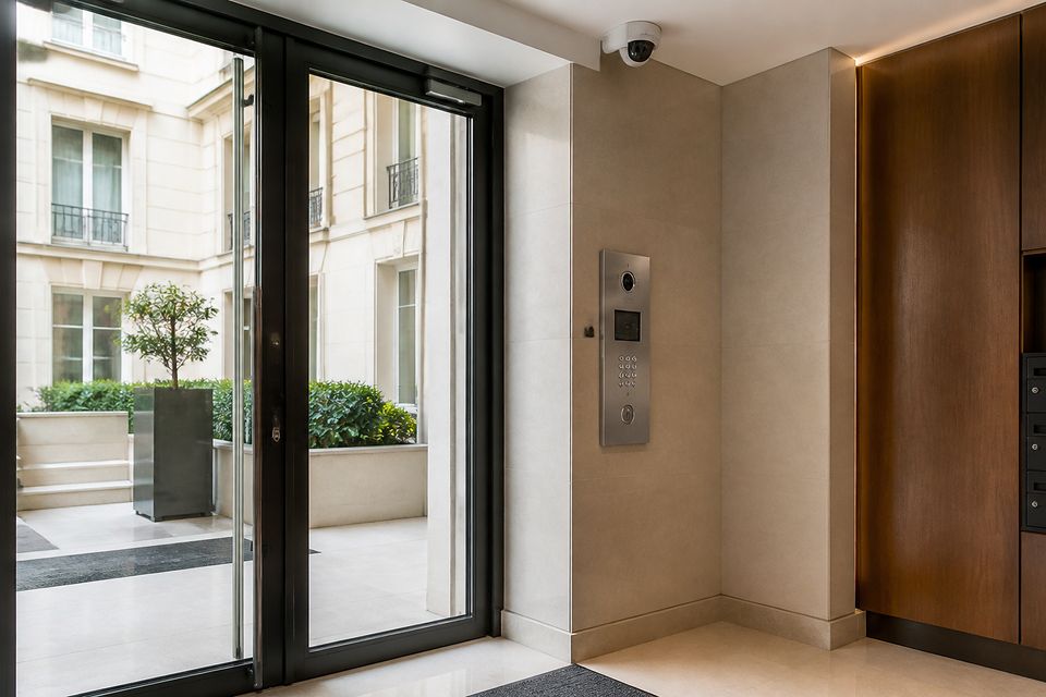 Hall d'entrée d'immeuble avec caméra dôme et platine d'interphone
